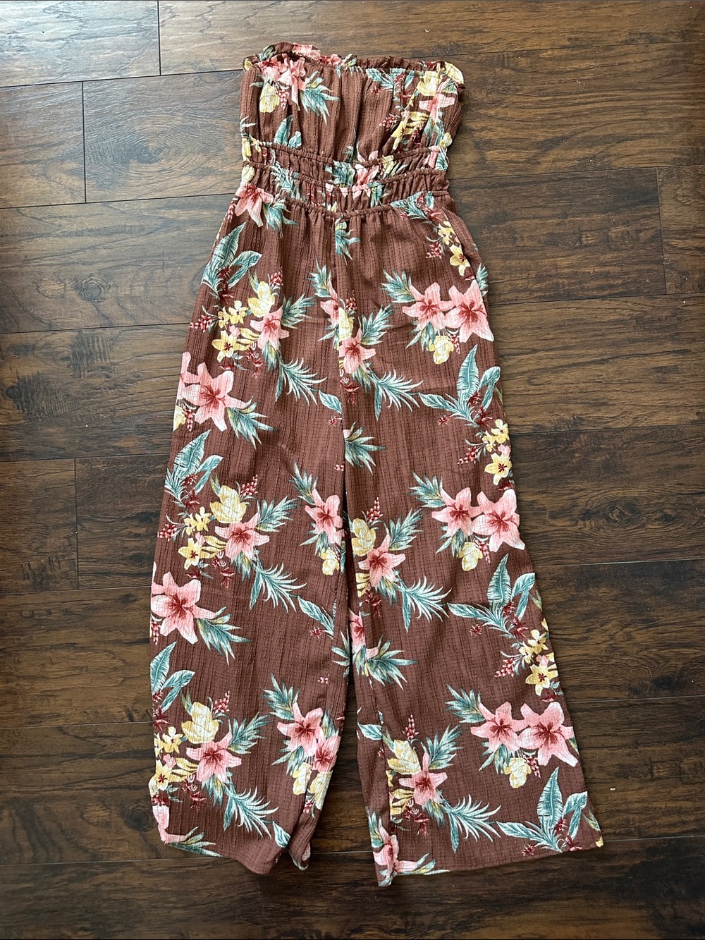 Brown Floral Strapless Jumpsuit with Elastic Waist
